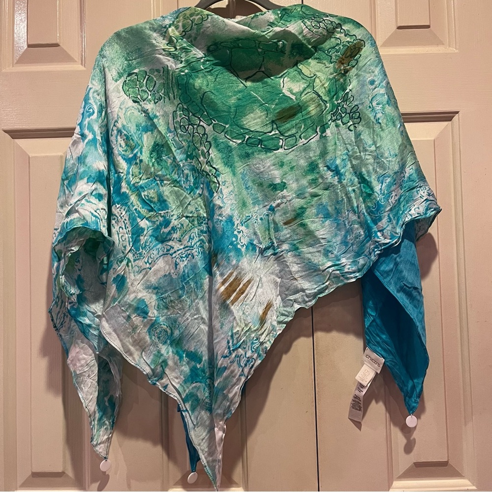 Chico’s Silk Blend Turtle Print Scarf Resort Blue Green